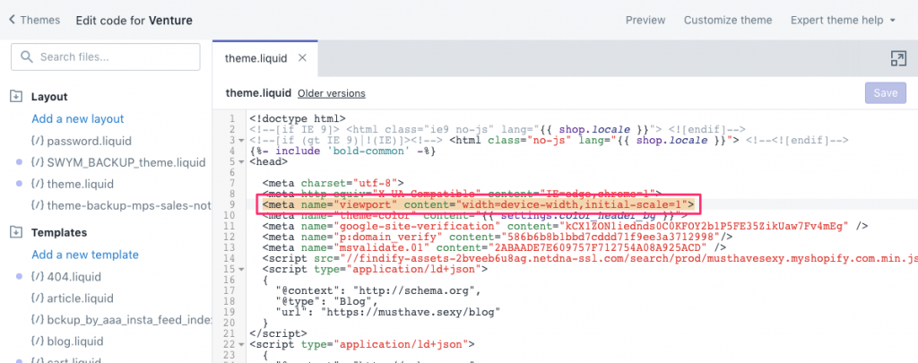 viewport on shopify is located under the theme.liquid file